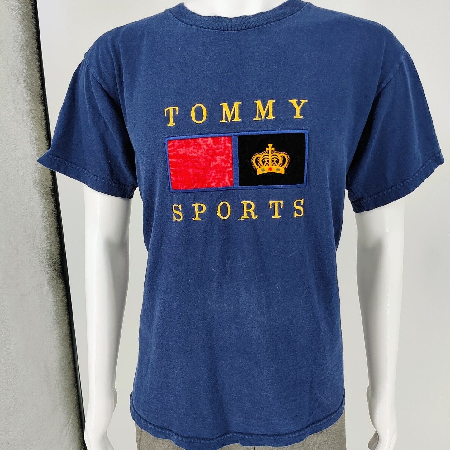 Vintage Hilfiger Tommy Sports Embroidered Velvet Logo Blue T-Shirt (Medium)