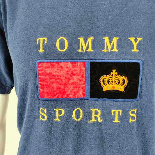 Vintage Hilfiger Tommy Sports Embroidered Velvet Logo Blue T-Shirt (Medium)