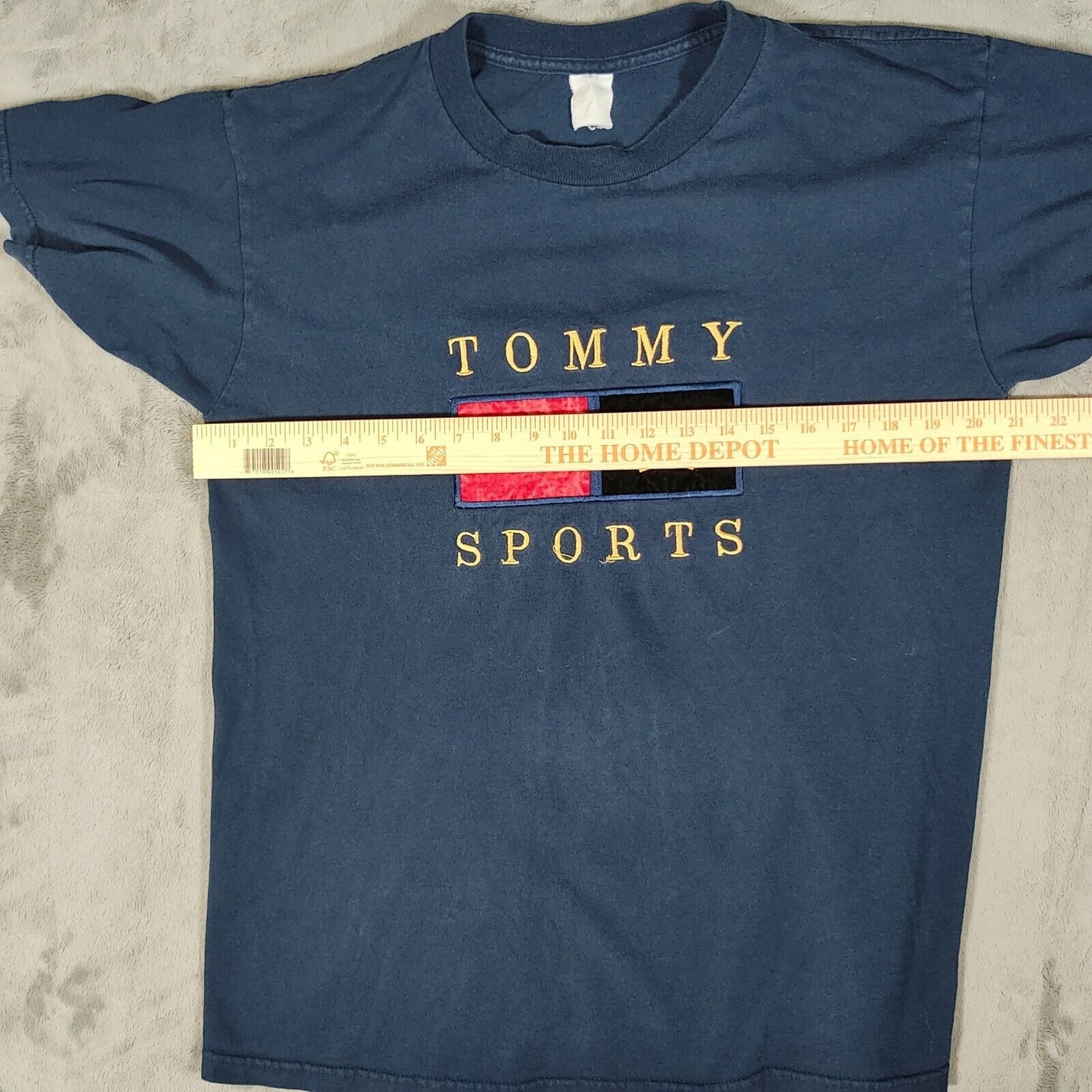 Vintage Hilfiger Tommy Sports Embroidered Velvet Logo Blue T-Shirt (Medium)