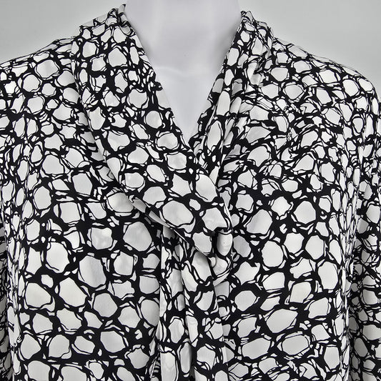 Vintage 1980s Lauren Lee Black/White Abstract Print Neck Tie Blouse (Size 14/L)