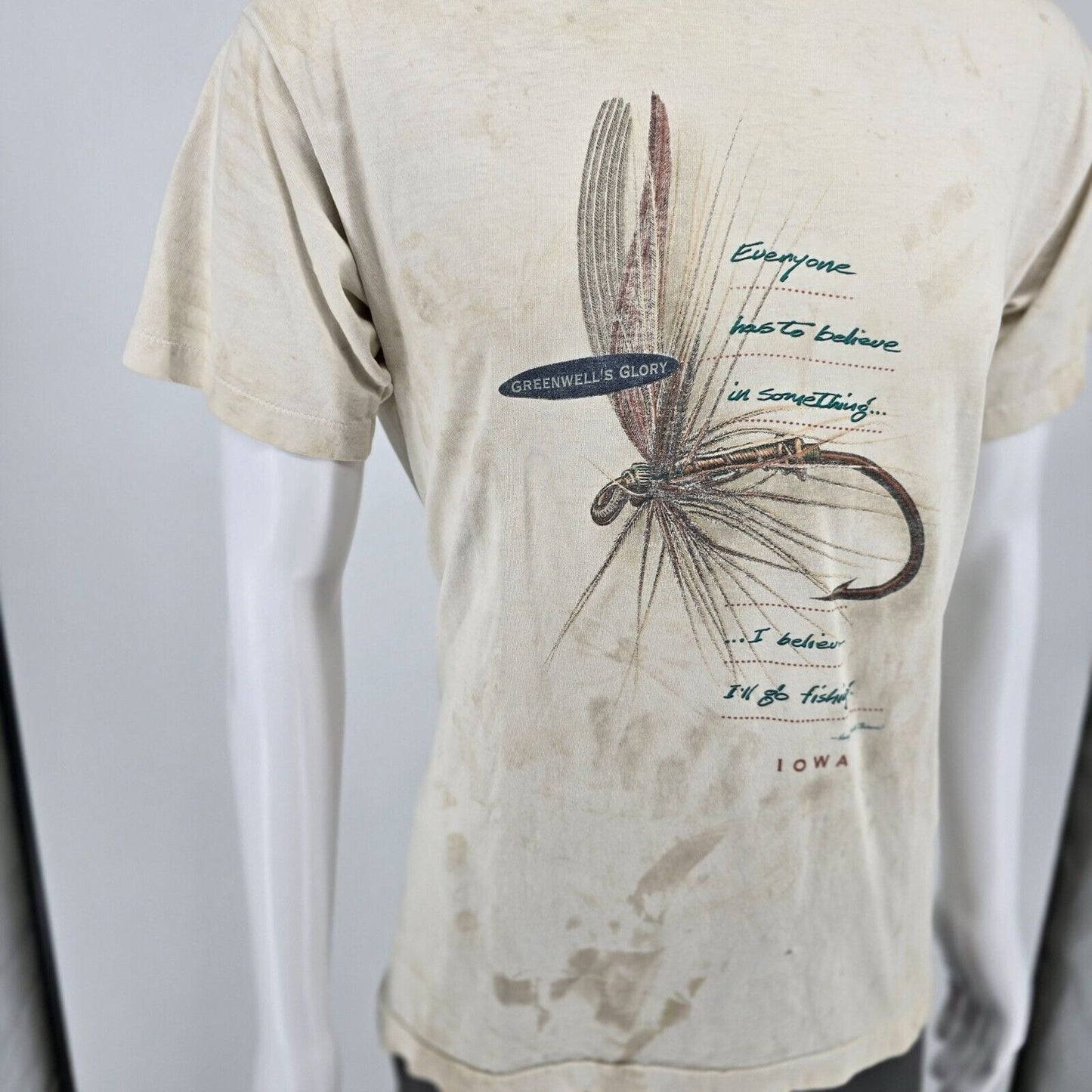 Vintage Thrashed Henry David Thoreau Greenwell's Glory Iowa Fishing T-Shirt M/L