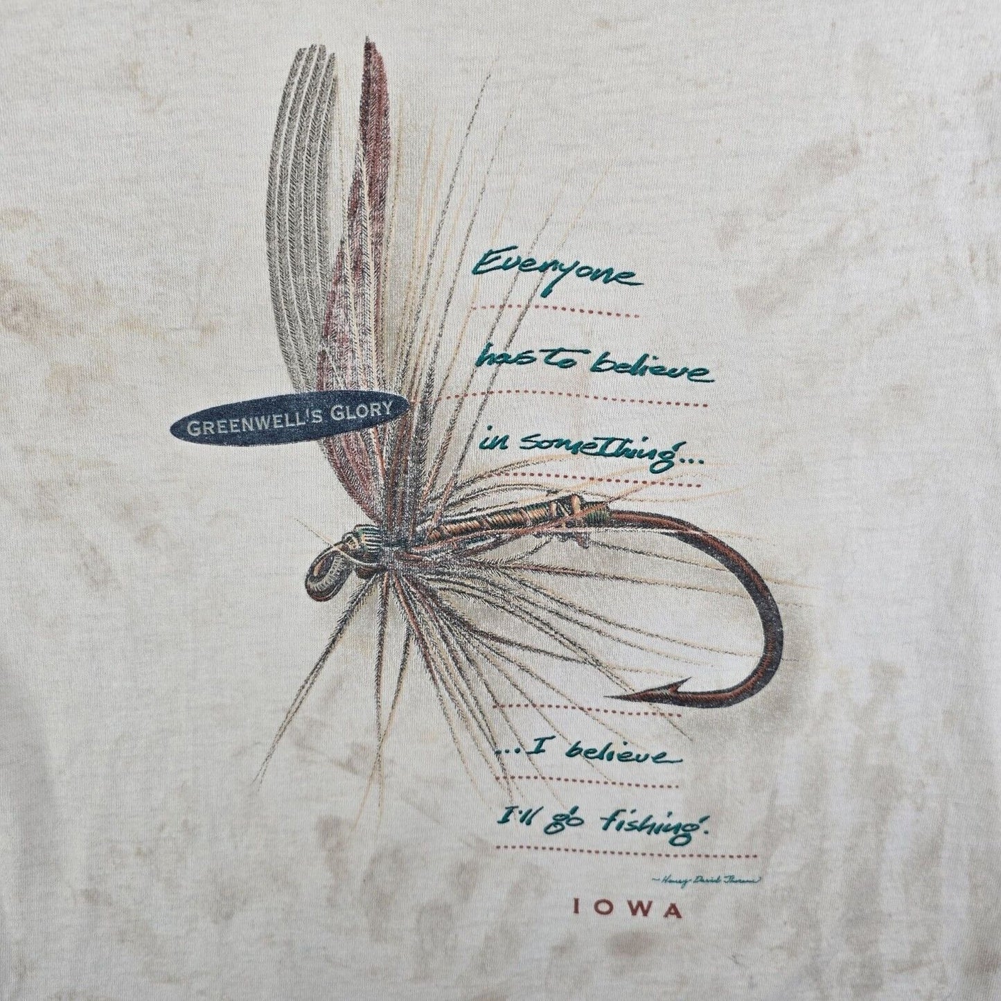 Vintage Thrashed Henry David Thoreau Greenwell's Glory Iowa Fishing T-Shirt M/L