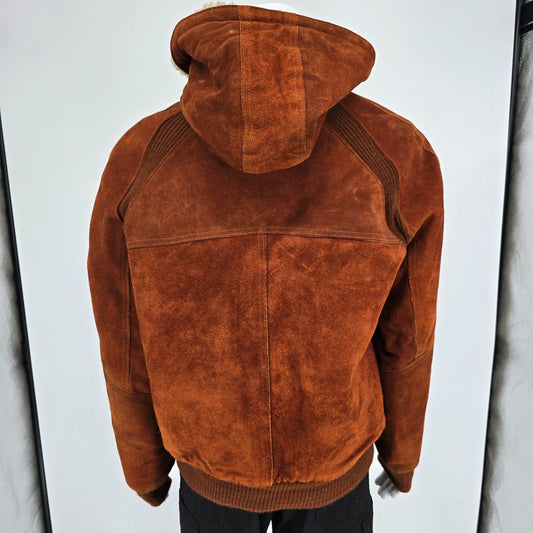 Vintage 1980s JCPenney Rust Split Cowhide Suede Sherpa Hooded Bomber Jacket (L)