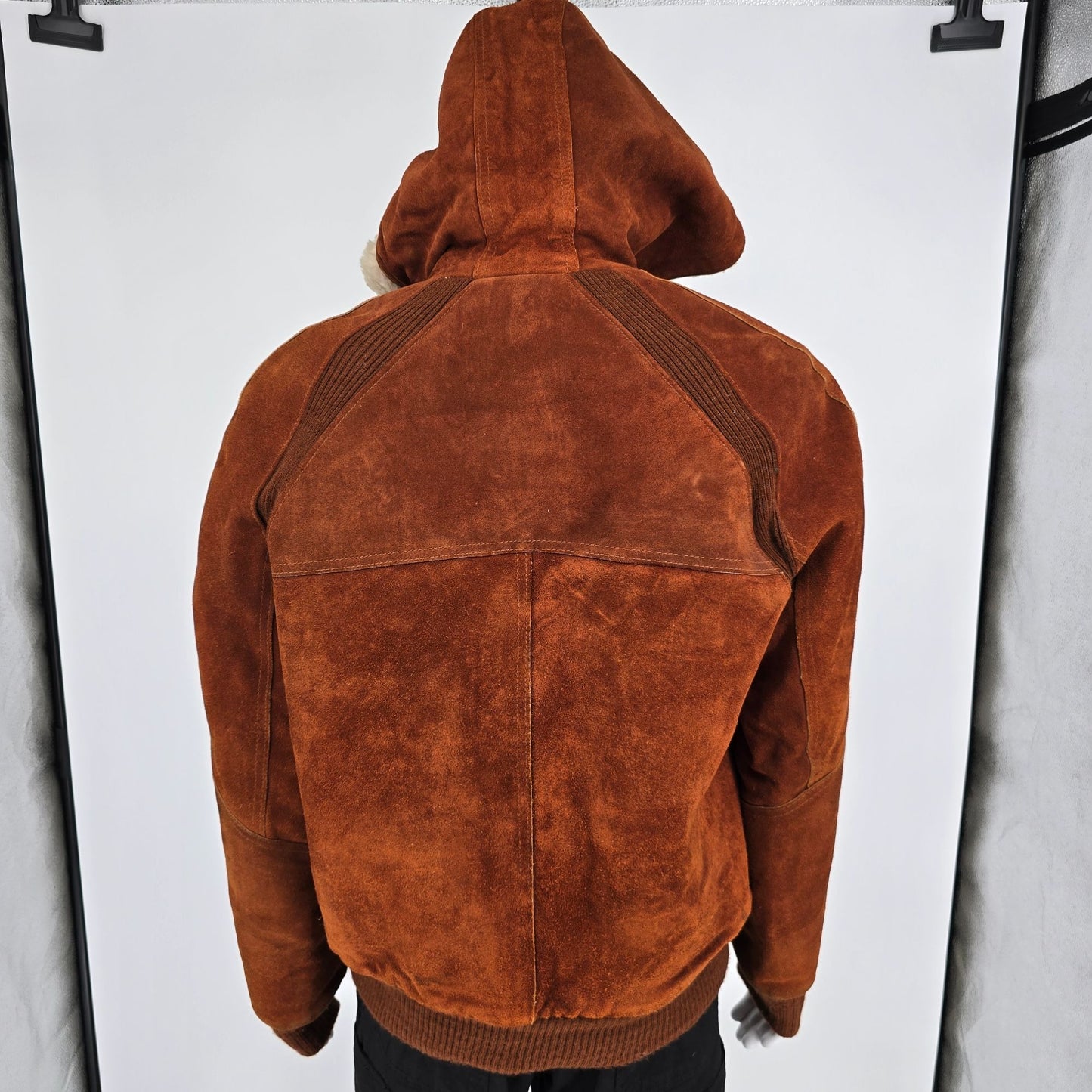 Vintage 1980s JCPenney Rust Split Cowhide Suede Sherpa Hooded Bomber Jacket (L)
