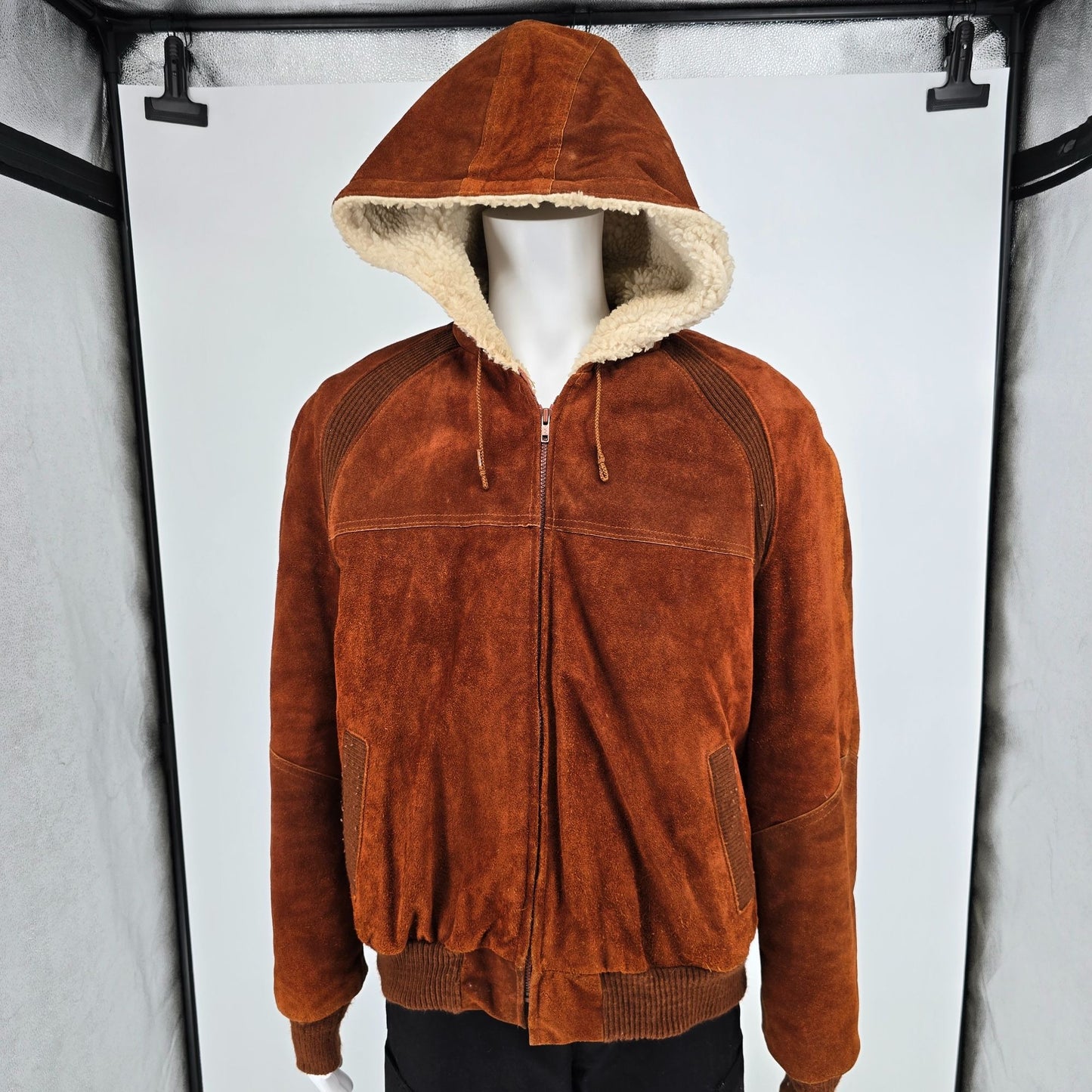 Vintage 1980s JCPenney Rust Split Cowhide Suede Sherpa Hooded Bomber Jacket (L)