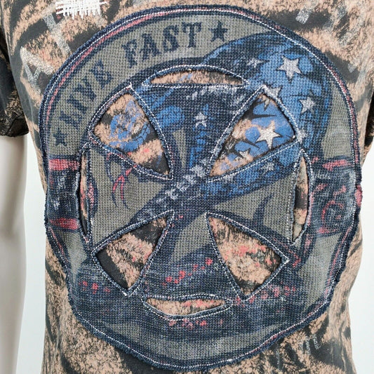 Vintage Y2K Affliction "Live Fast" Logo All Over Print Brown Graphic T-Shirt (L)