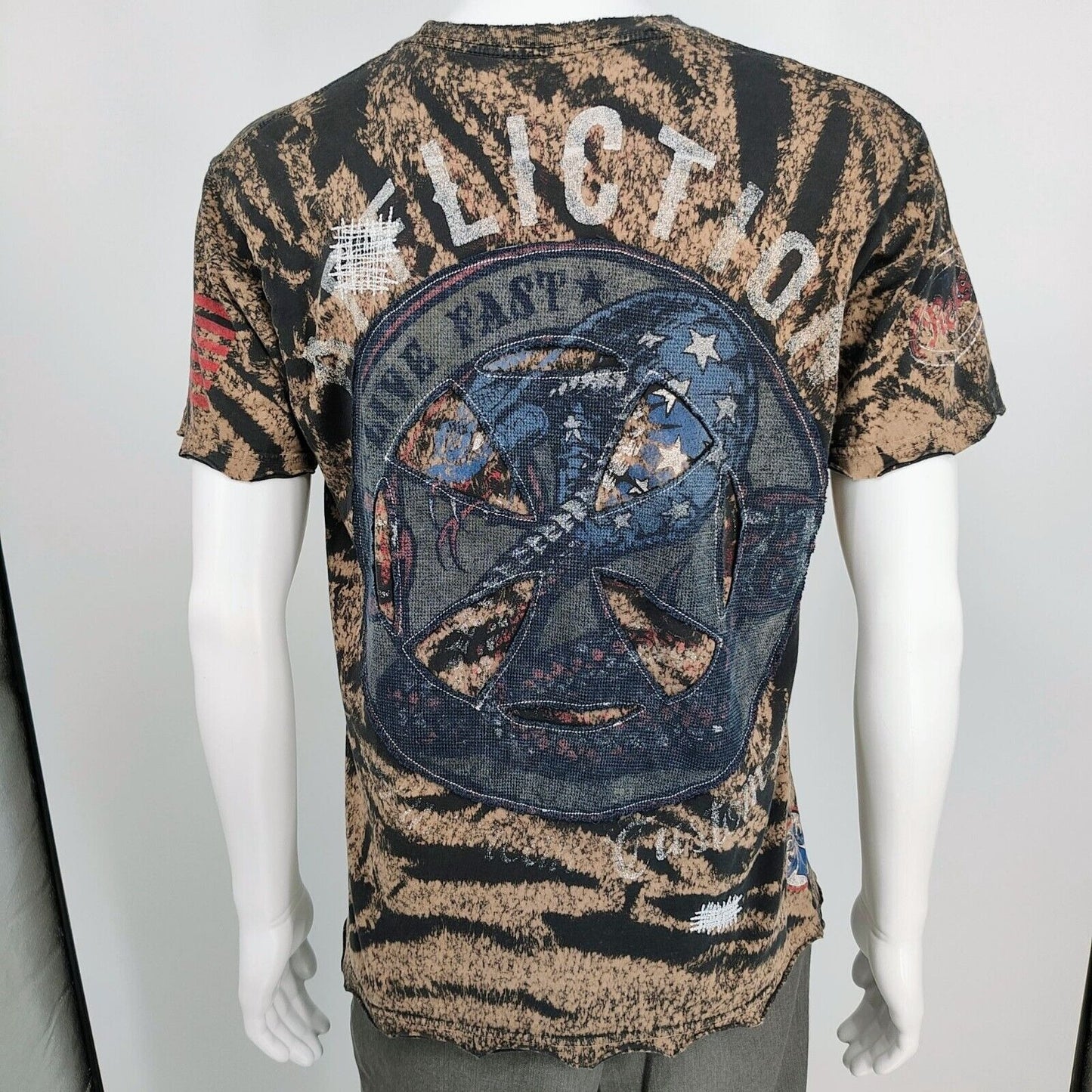 Vintage Y2K Affliction "Live Fast" Logo All Over Print Brown Graphic T-Shirt (L)