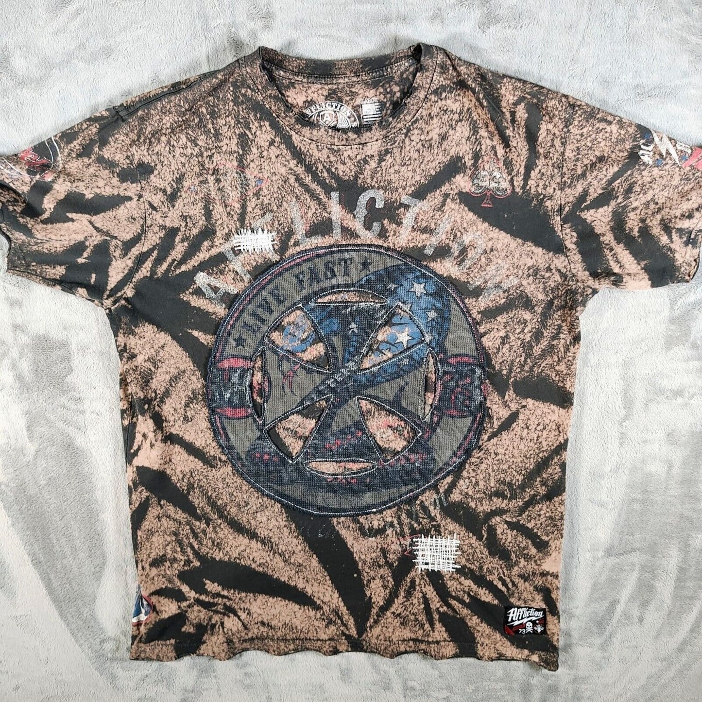 Vintage Y2K Affliction "Live Fast" Logo All Over Print Brown Graphic T-Shirt (L)
