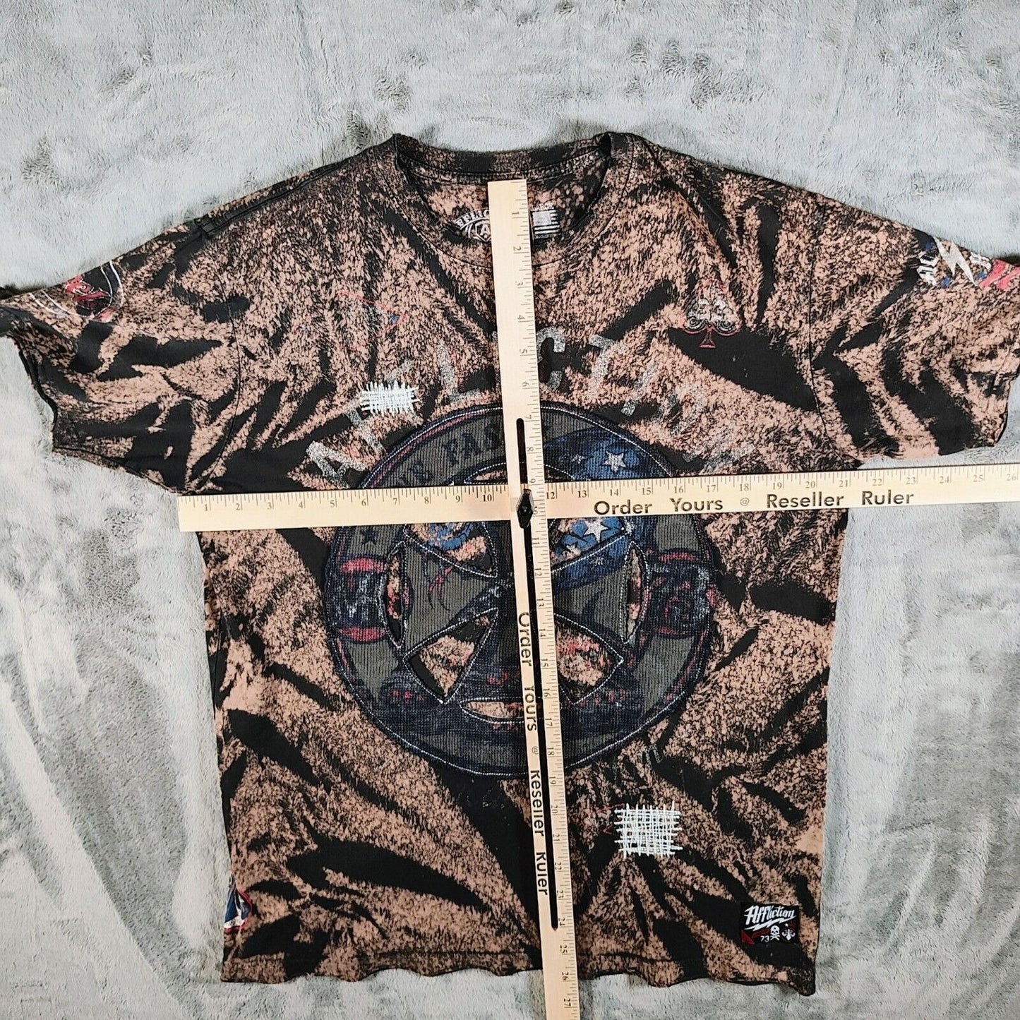 Vintage Y2K Affliction "Live Fast" Logo All Over Print Brown Graphic T-Shirt (L)