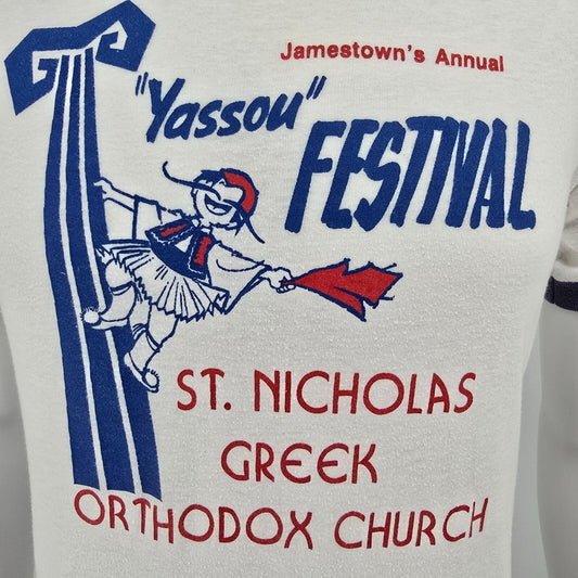 Vintage 1980s Jamestown "Yassou" Festival St. Nicholas Church Ringer Tee (S)