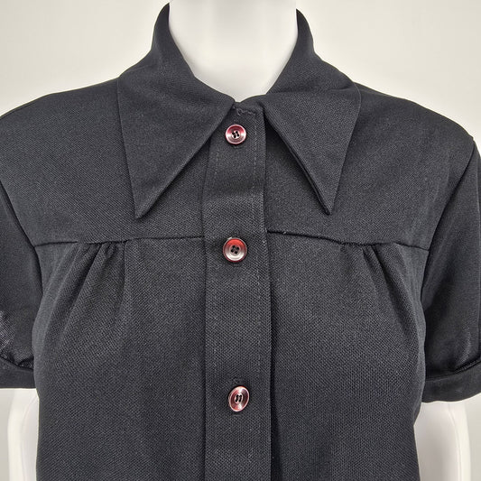Vintage 1970s Land 'N Sea Pointed Collar Contrast Button Black Tunic Shirt (M)