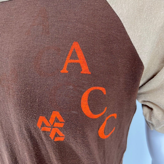 Vintage 1970s Oneita Brown & Tan ACC #32 Striped Sleeve Raglan T-Shirt (Medium)