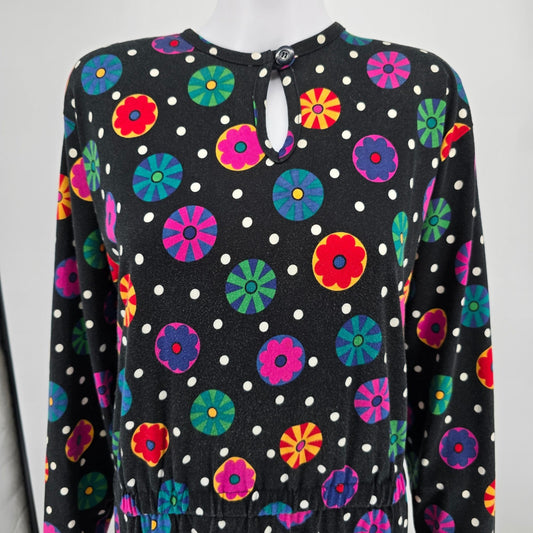 Vintage 1990s Liz Claiborne Black Floral Medallion/Polka Dot Cotton Dress (M)