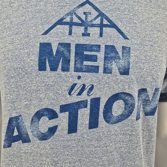 Vintage Late 1970s Early 1980s "Men in Action" Heather Blue Ringer T-Shirt (M)