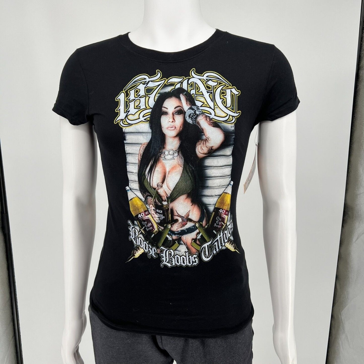 187 Inc Brittanya Razavi "Booze Boobs Tattos" Graphic T-Shirt New With Tags (XS)