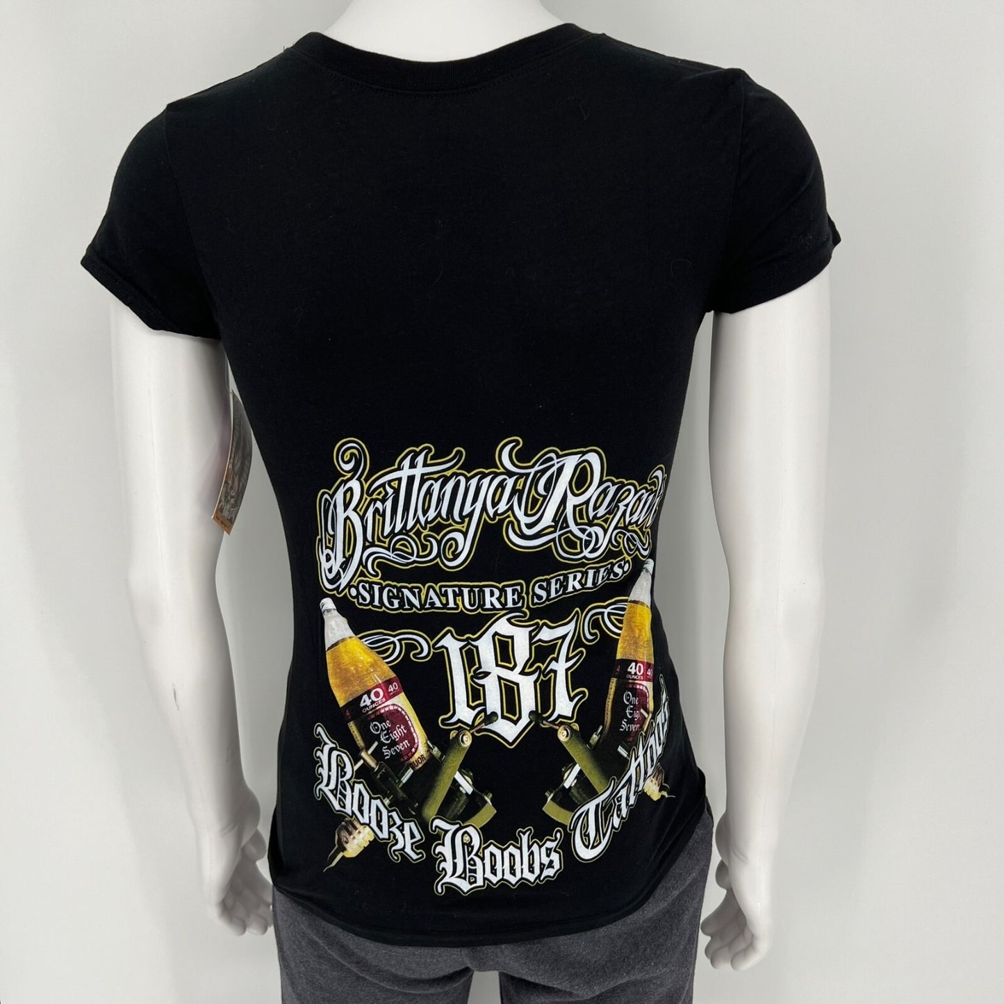 187 Inc Brittanya Razavi "Booze Boobs Tattos" Graphic T-Shirt New With Tags (XS)