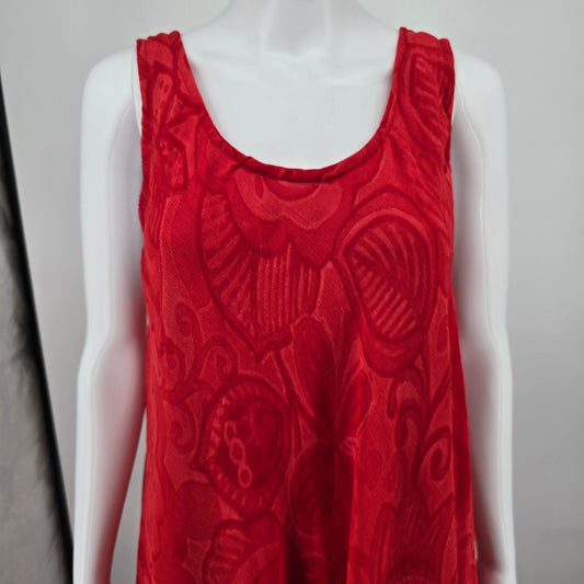 Vintage Y2K Red Viscose Sheer Tonal Floral Pattern Sleeveless Trapeze Dress (XL)