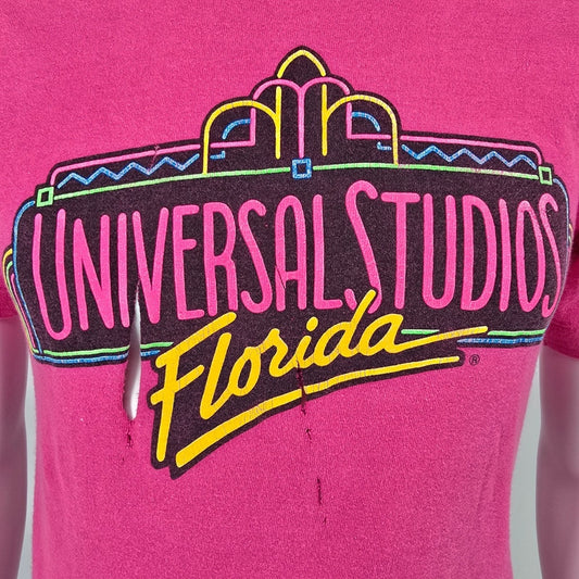 Distressed Vintage 1990s Universal Studios Florida Logo Pink T-Shirt (S)