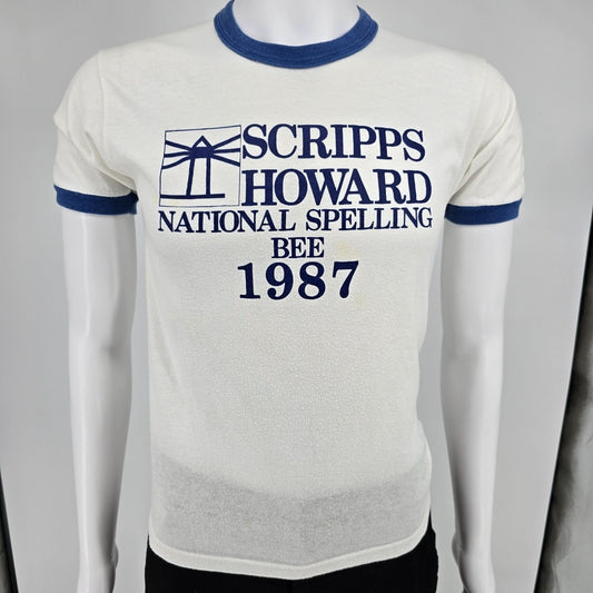 Vintage 1987 Velva Sheen Scripps Howard National Spelling Bee Ringer T-Shirt (S)