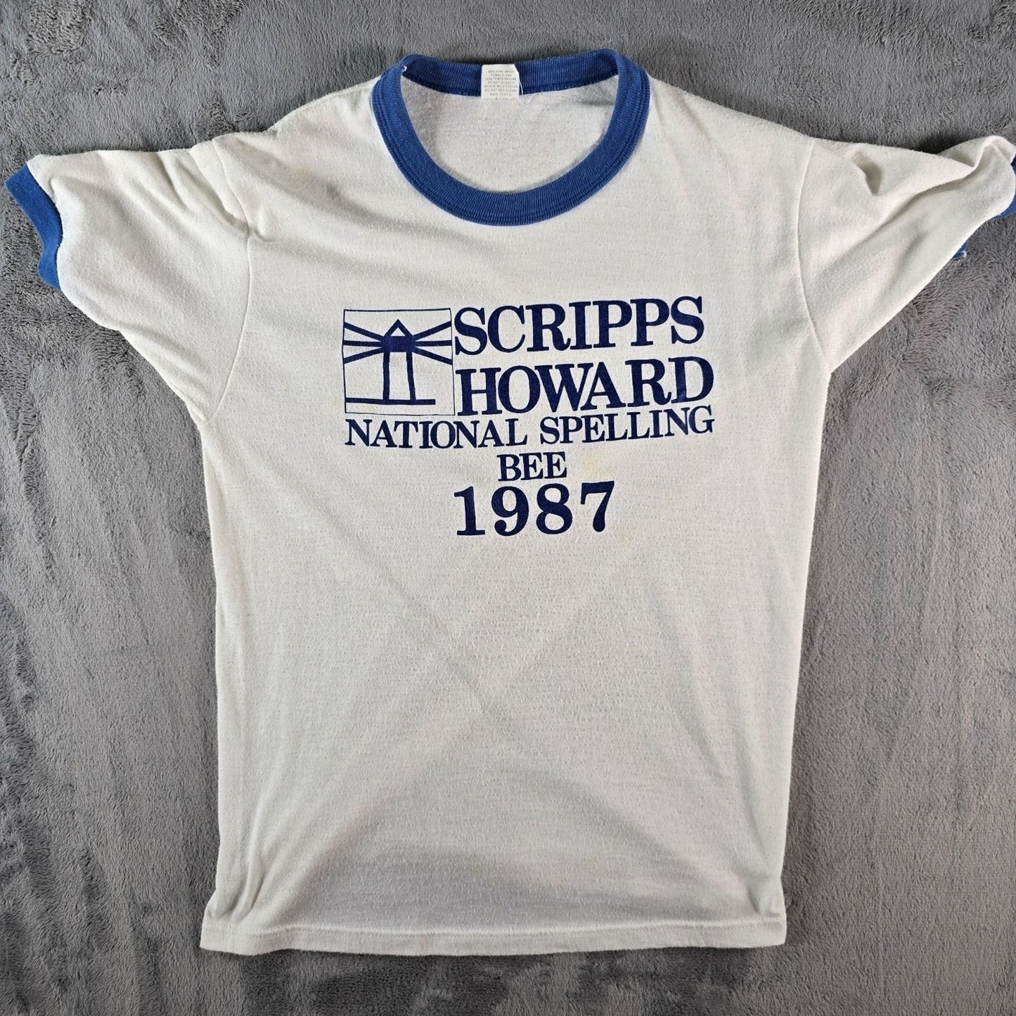 Vintage 1987 Velva Sheen Scripps Howard National Spelling Bee Ringer T-Shirt (S)