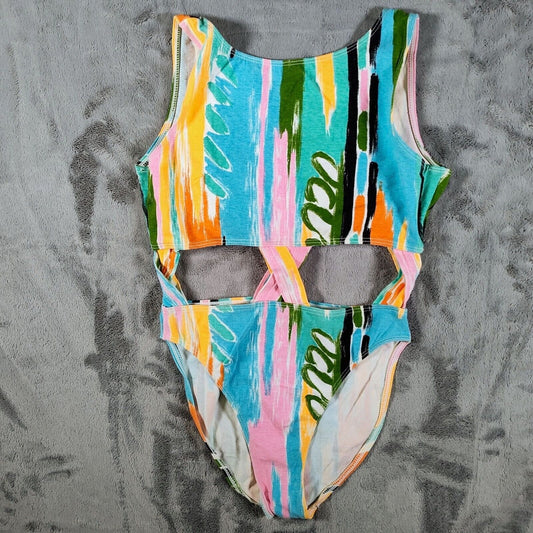 Vintage Danskin Abstract Multicolor Womens Spandex Cut Out Leotard Bodysuit (M)