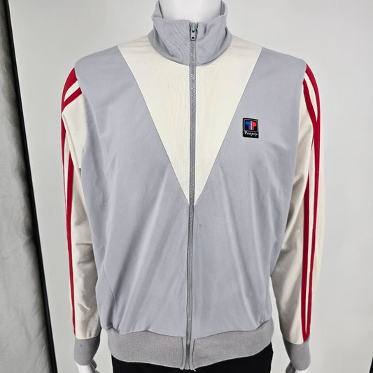 Distressed Vintage 1980s Pinnacle Grey/White/Red Zip Up Tricot Track Jacket (XL)