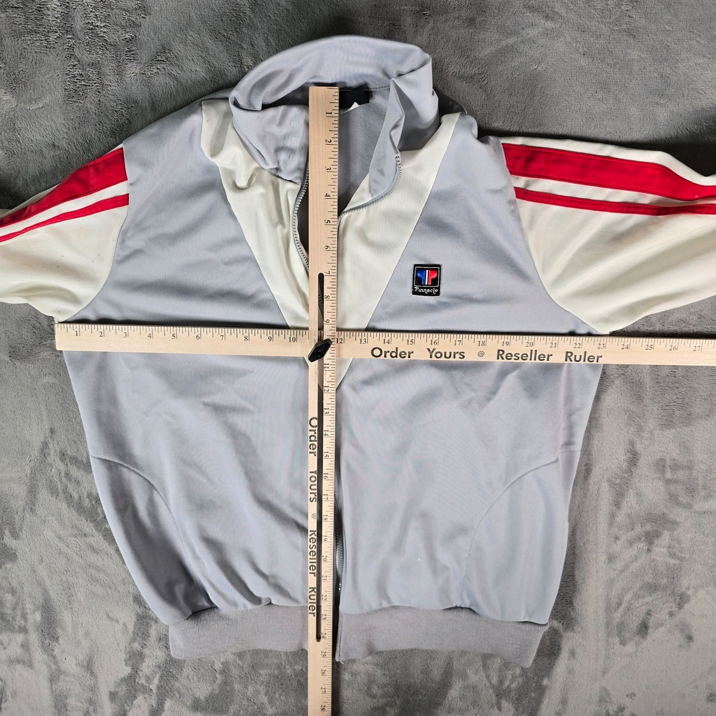 Distressed Vintage 1980s Pinnacle Grey/White/Red Zip Up Tricot Track Jacket (XL)