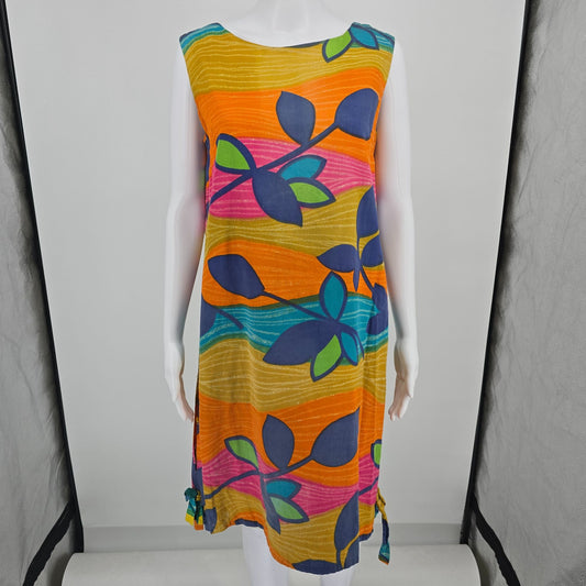 Vintage 1960s Mod Psychedelic Floral Pattern Sleeveless Shift Dress (L) *Flaws