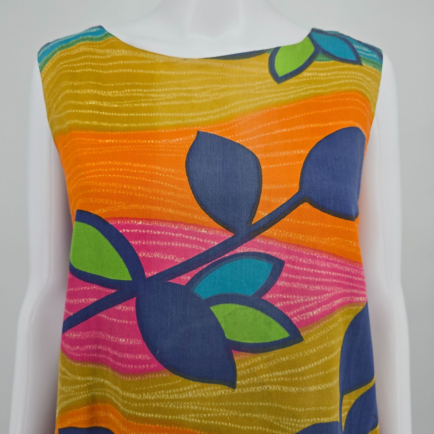 Vintage 1960s Mod Psychedelic Floral Pattern Sleeveless Shift Dress (L) *Flaws
