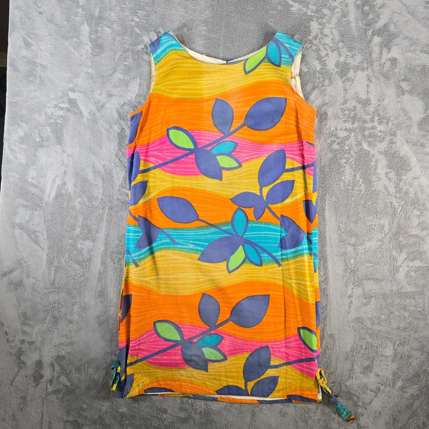 Vintage 1960s Mod Psychedelic Floral Pattern Sleeveless Shift Dress (L) *Flaws