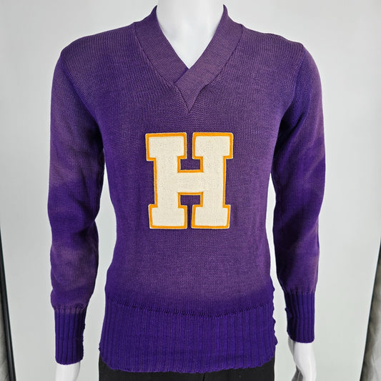 Distressed Vintage 1960s Men's Purple "H" Knit Varsity Letter Sweater (XS)