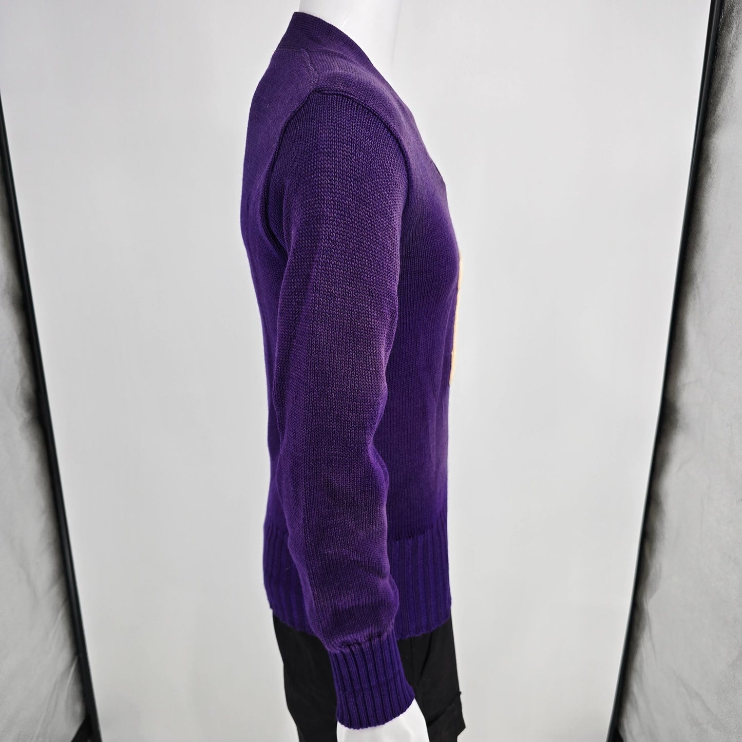 Distressed Vintage 1960s Men's Purple "H" Knit Varsity Letter Sweater (XS)