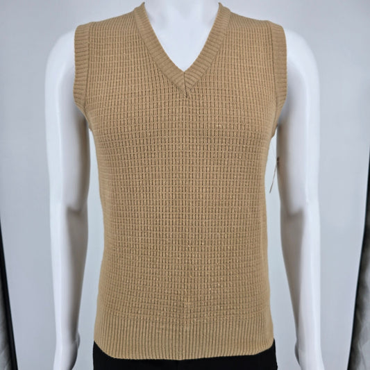 Vintage 1970s Men's Camel V-Neck Acrylic Textured Knit Sweater Vest (S)