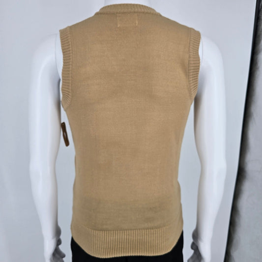 Vintage 1970s Men's Camel V-Neck Acrylic Textured Knit Sweater Vest (S)