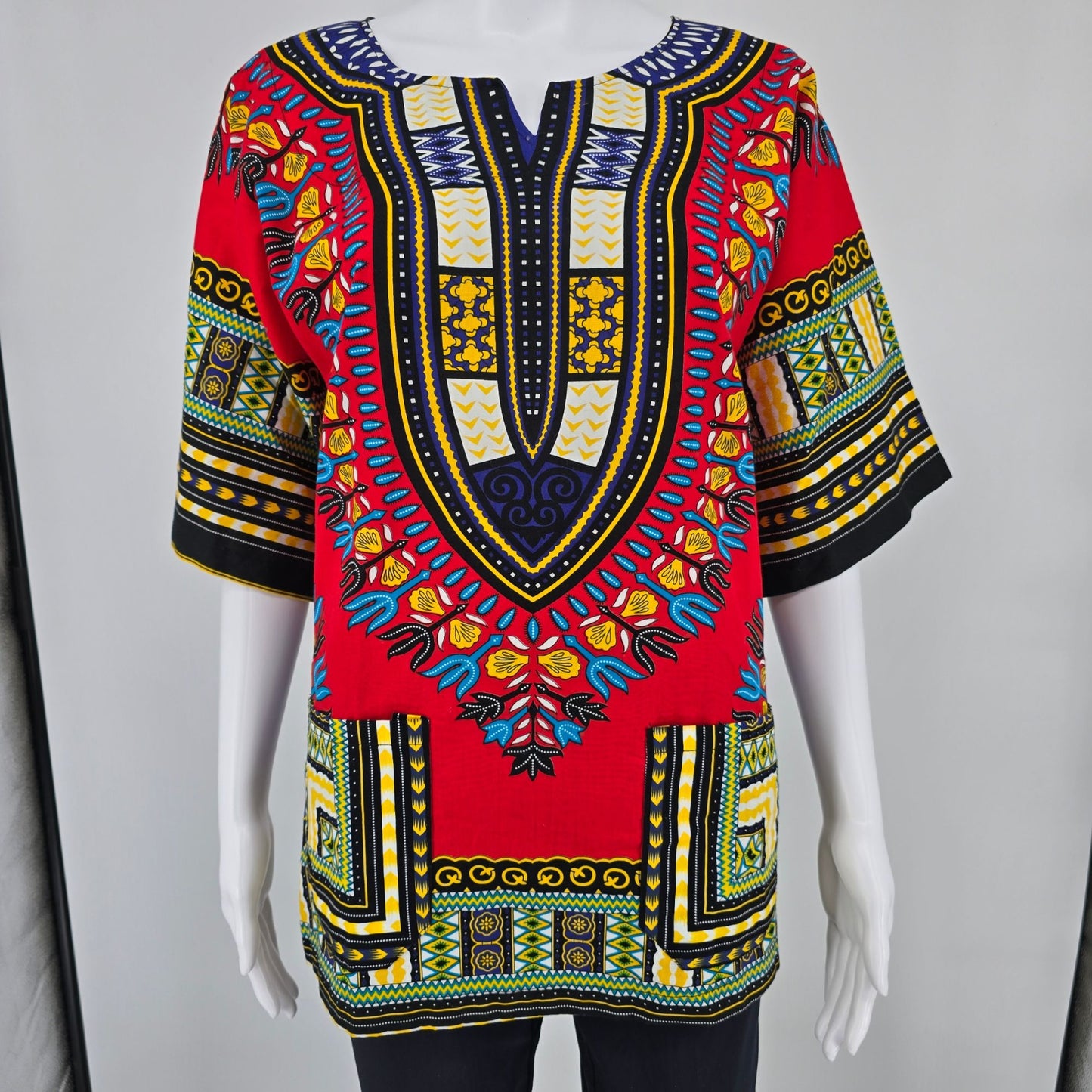 Modern Red/Blue/Yellow/Teal/White Unisex African Dashiki Pullover Tunic Top (L)