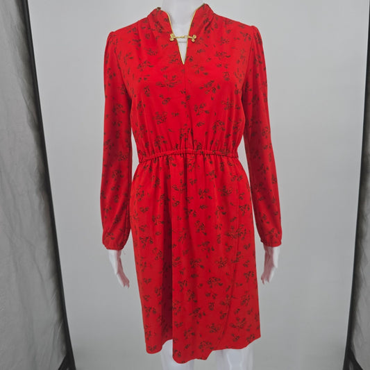 Vintage 1980s Red Ditsy Floral Cheongsam-Inspired Mandarin Collar Day Dress (M)
