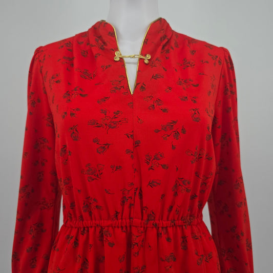 Vintage 1980s Red Ditsy Floral Cheongsam-Inspired Mandarin Collar Day Dress (M)