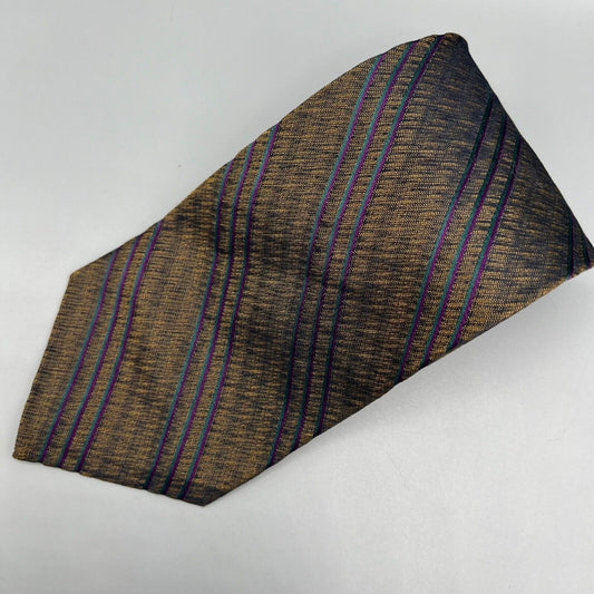 Vintage 1990s Calvin Klein Made in USA Golden Brown Teal Purple Striped Silk Tie