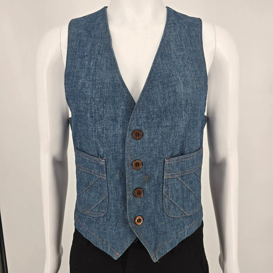 Vintage Kings Road Denim Vest 38 Mens Store Sears 100% Cotton Blue Button-Up Casual