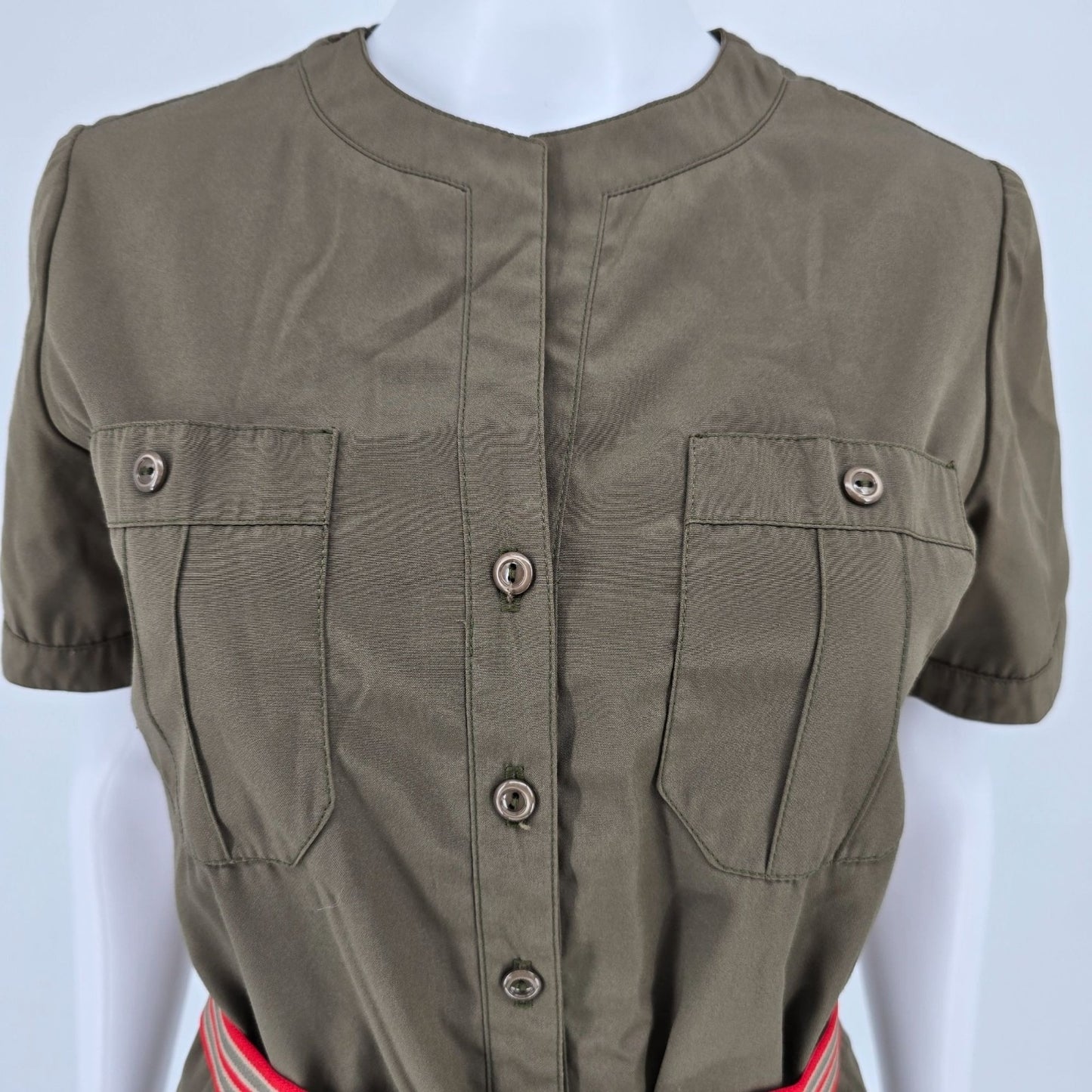 Vintage 1970s Olive Green Short Sleeve Safari Shirt Dress w/ Striped Belt (M/L)