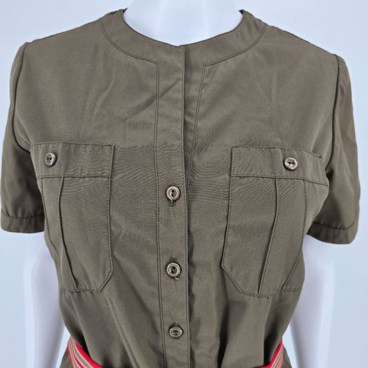 Vintage 1970s Olive Green Short Sleeve Safari Shirt Dress w/ Striped Belt (M/L)