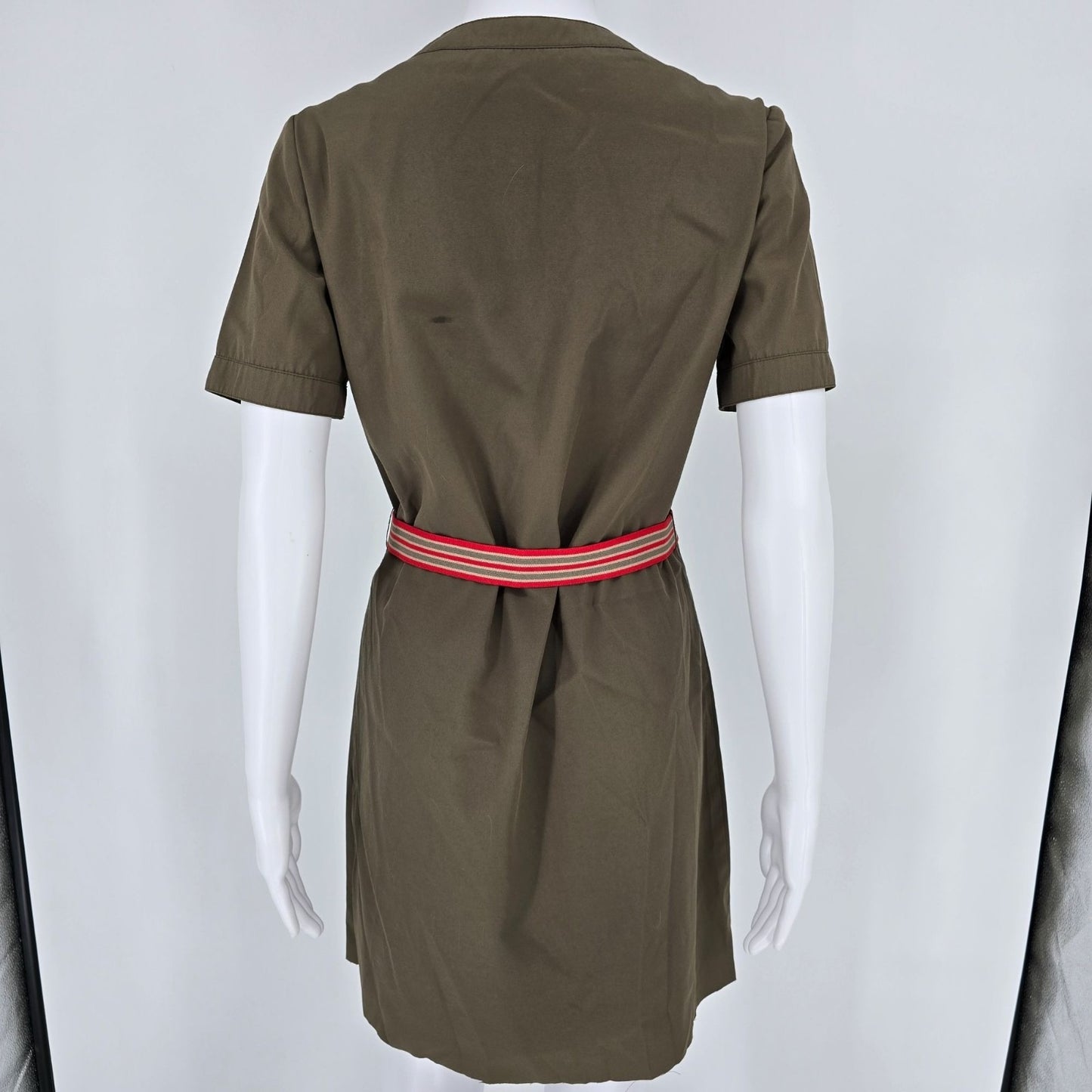 Vintage 1970s Olive Green Short Sleeve Safari Shirt Dress w/ Striped Belt (M/L)