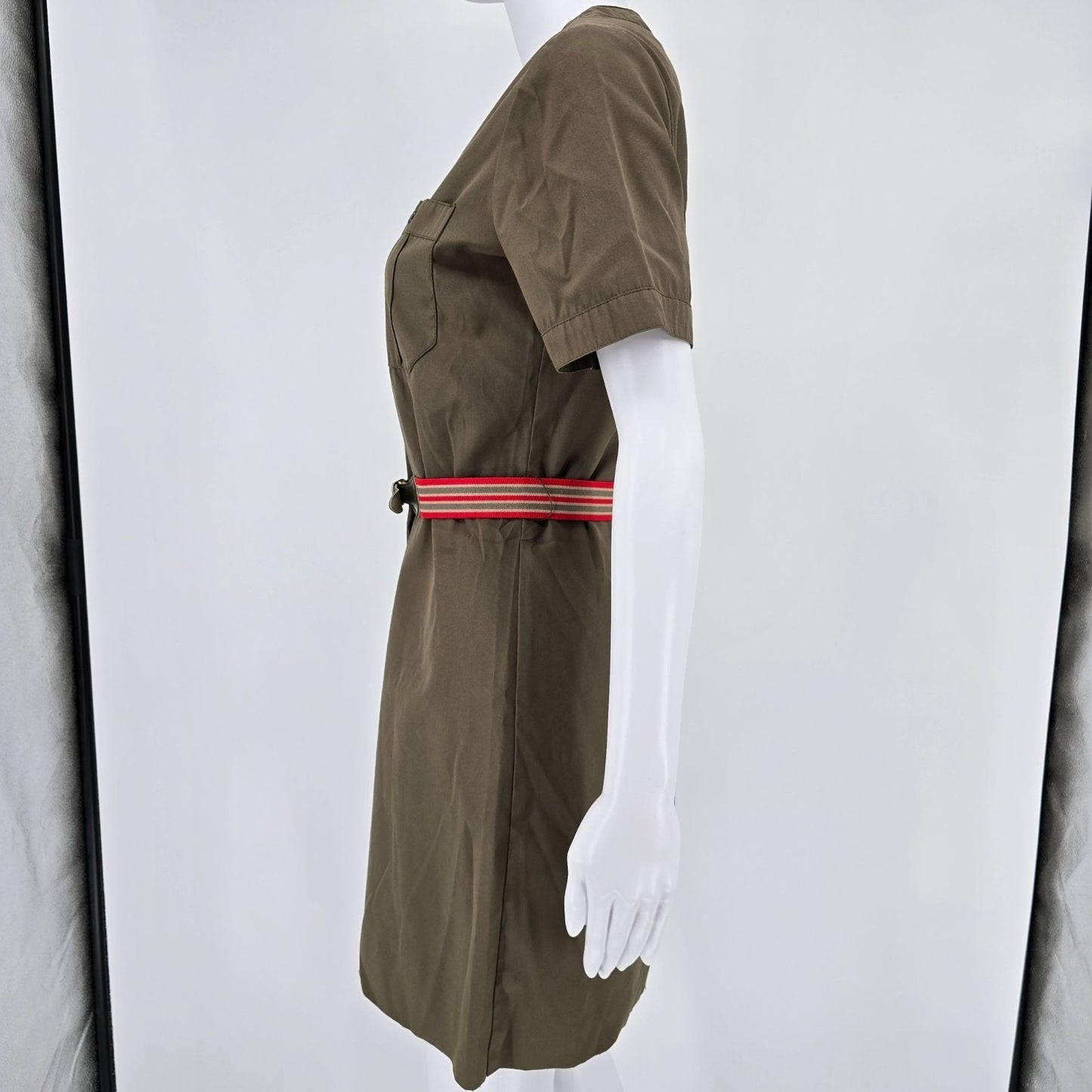 Vintage 1970s Olive Green Short Sleeve Safari Shirt Dress w/ Striped Belt (M/L)