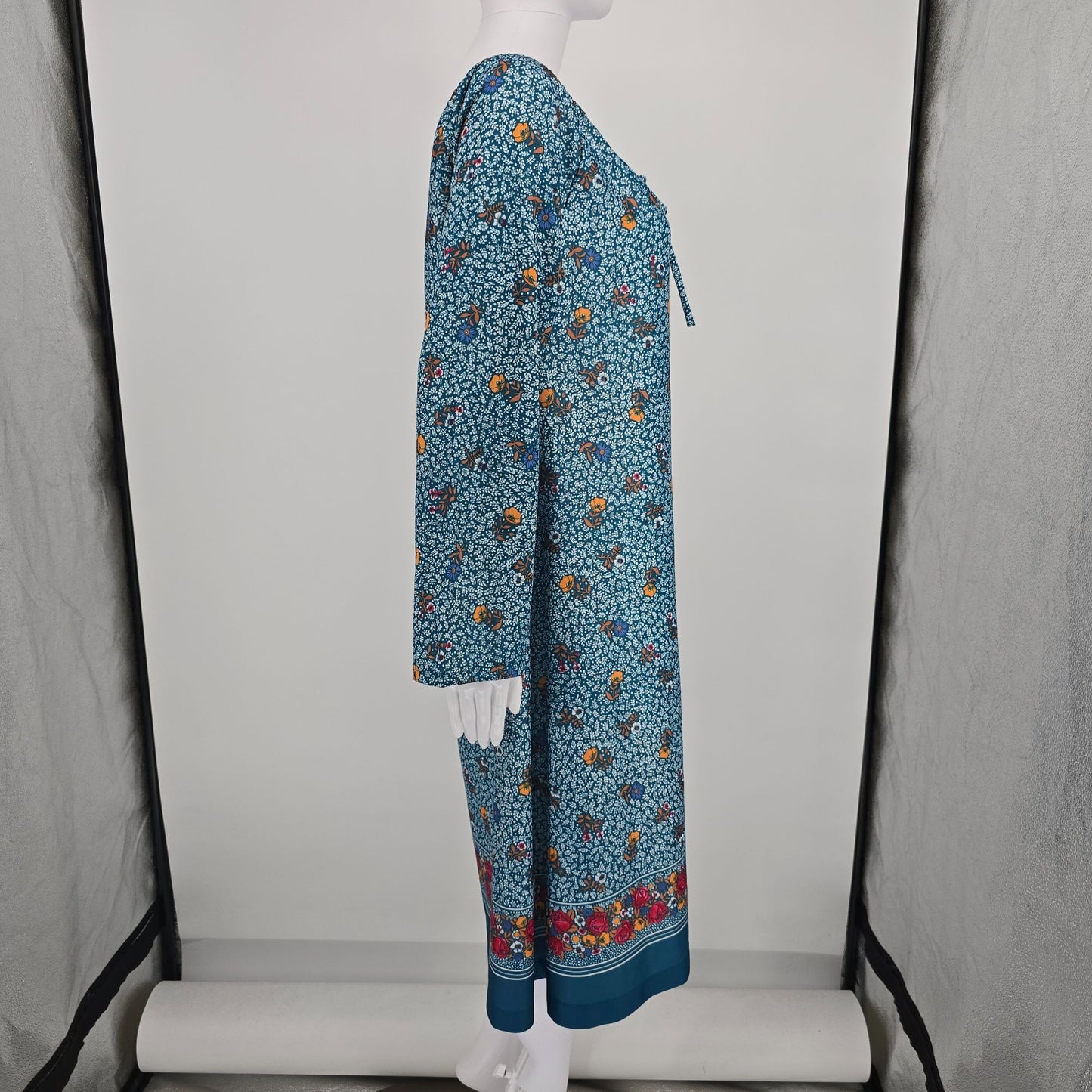 Vintage 1970s Boho Ditsy Floral Print Peasant Style Pullover Tunic Dress (L)