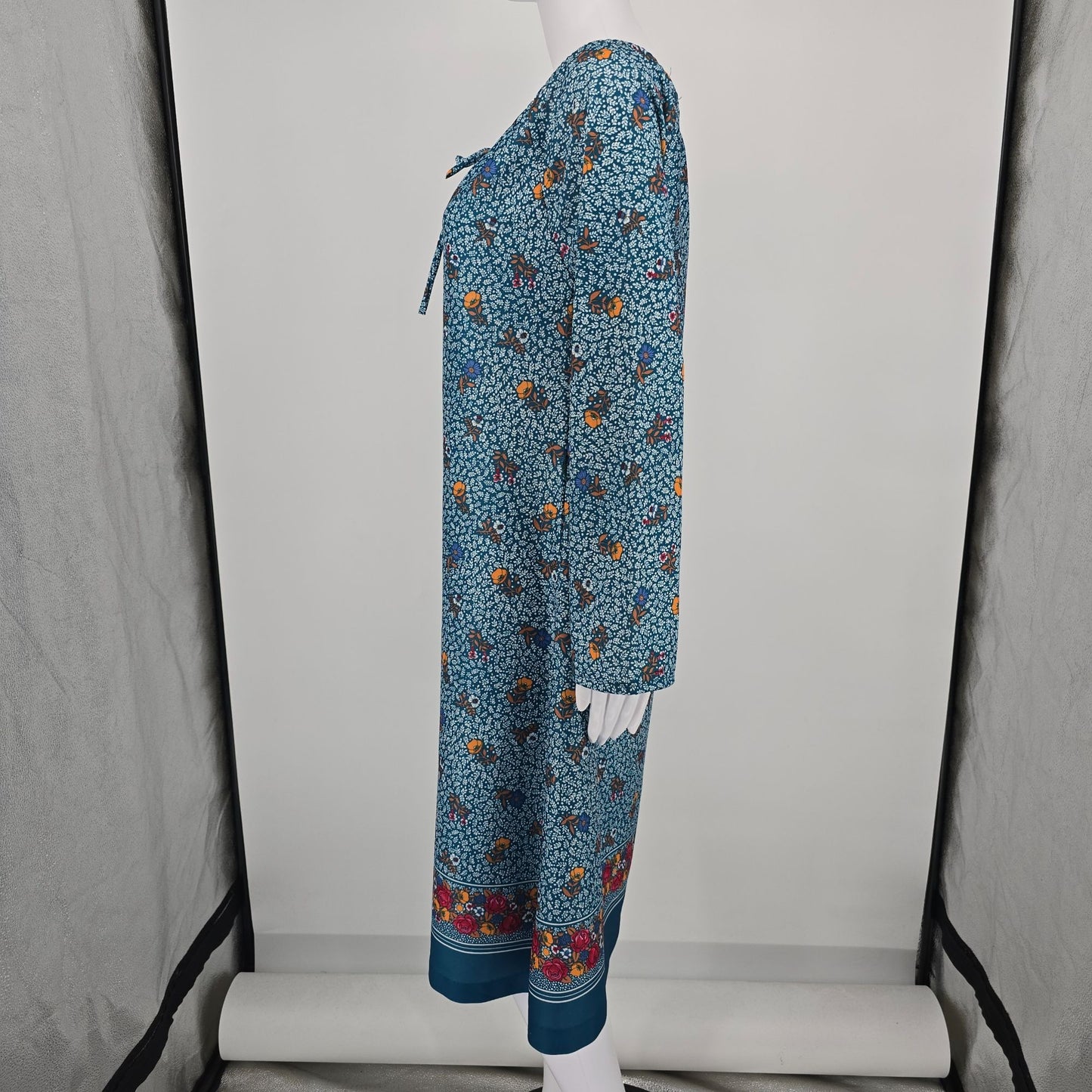Vintage 1970s Boho Ditsy Floral Print Peasant Style Pullover Tunic Dress (L)