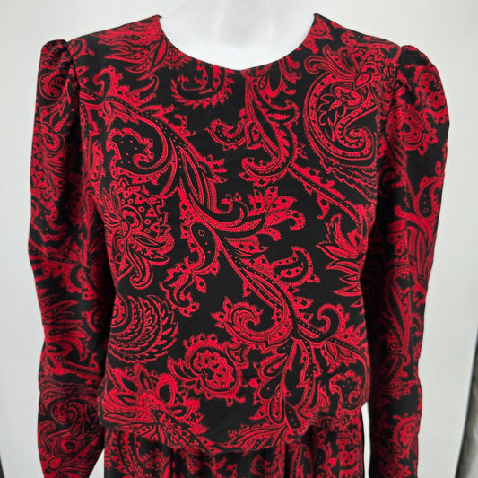 Vintage 1990s Black/Red Paisley Long Sleeve Blouson Midi Dress (Size 10/M)