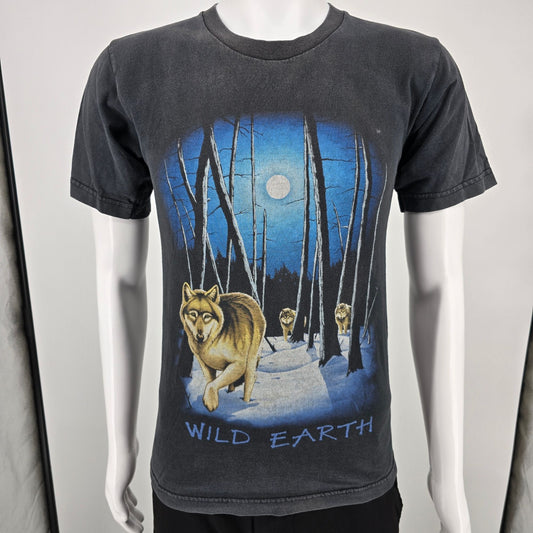 Wild 1990s Human-i-ties "Wild Earth" Moonlit Forest Wolf Graphic T-Shirt (S)