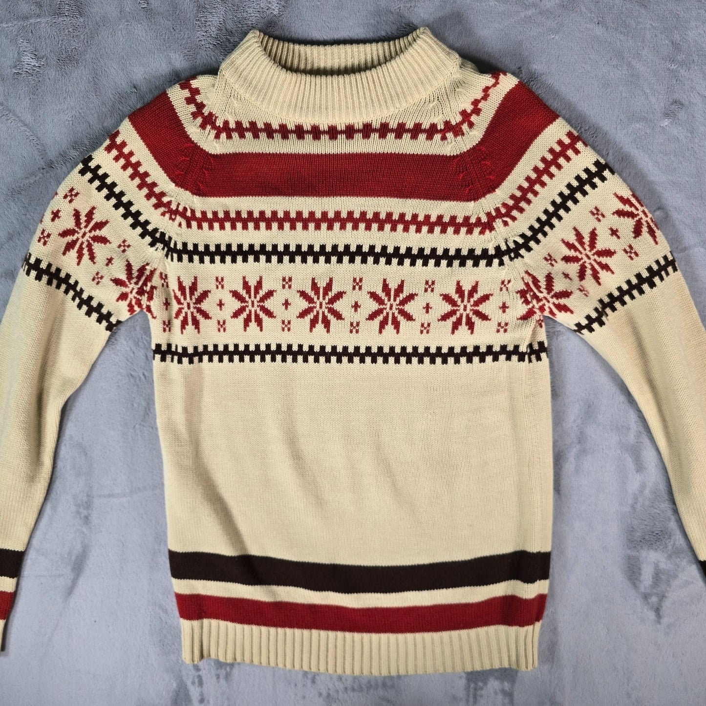 Vintage 1970s Kmart Cream/Red/Brown Nordic Style Acrylic Snowflake Sweater (S/M)