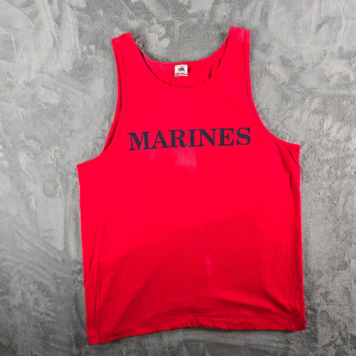 Vintage 1990s Fruit of the Loom Red/Navy "Marines" Tank Top (L/XL) *Flaws