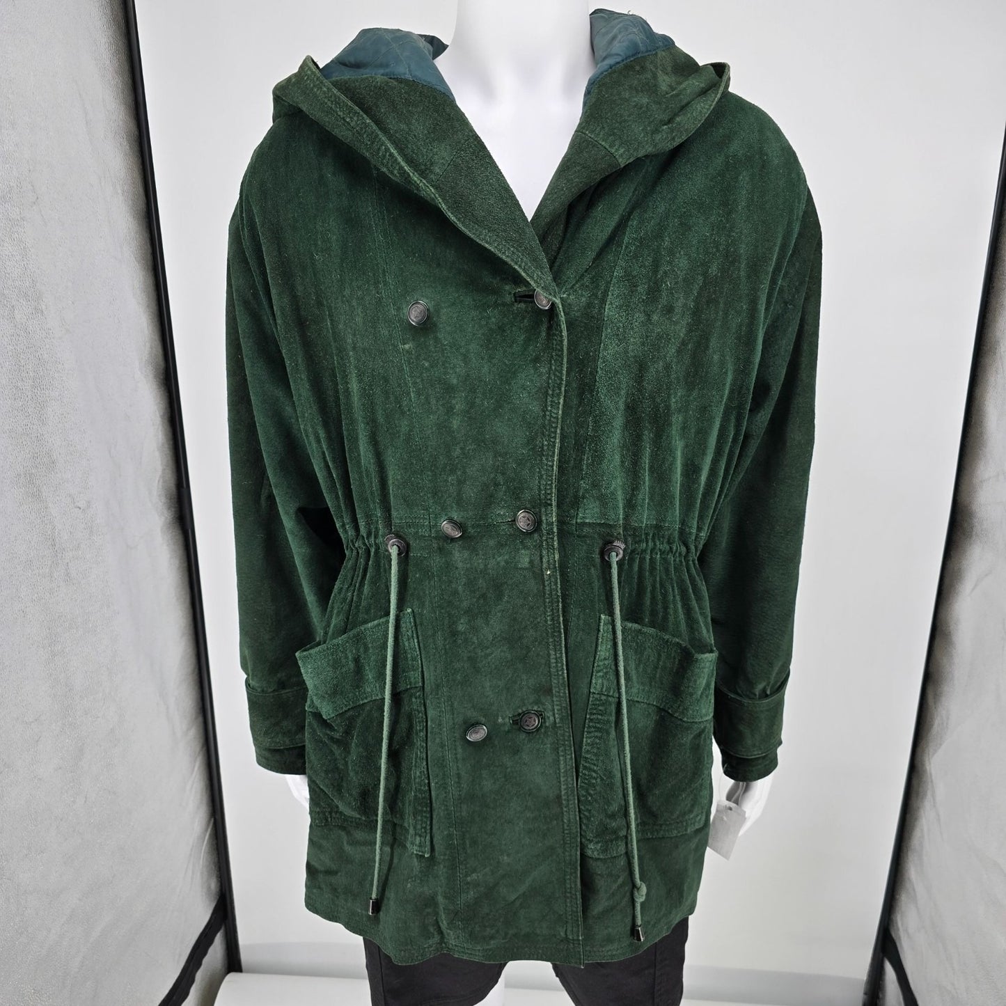 Vintage 1990s G-III Forest Green Hooded Suede Insulated Parka Jacket (Large)